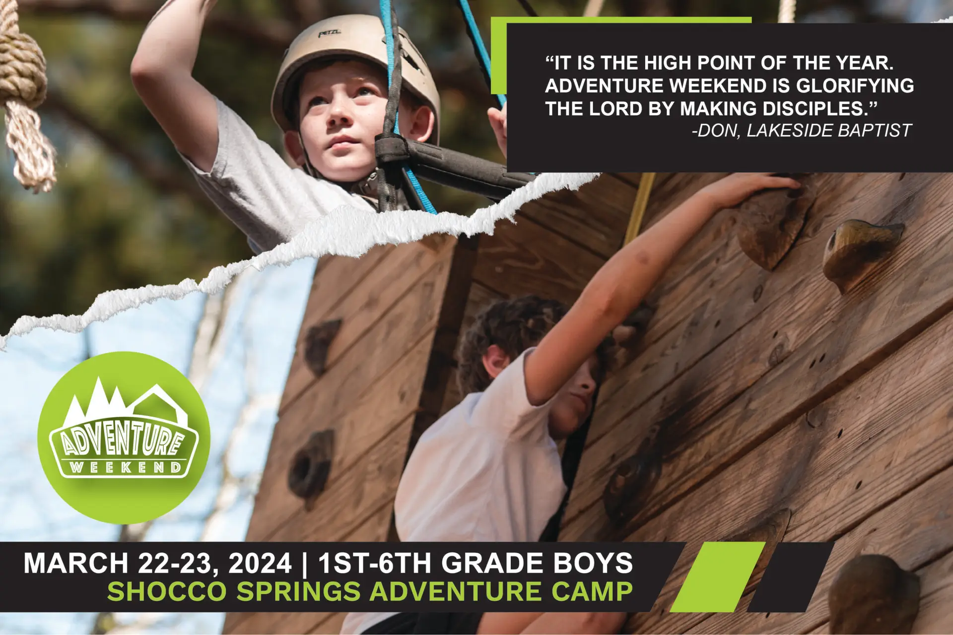 Boy on ropes course and boy on rock climbing course