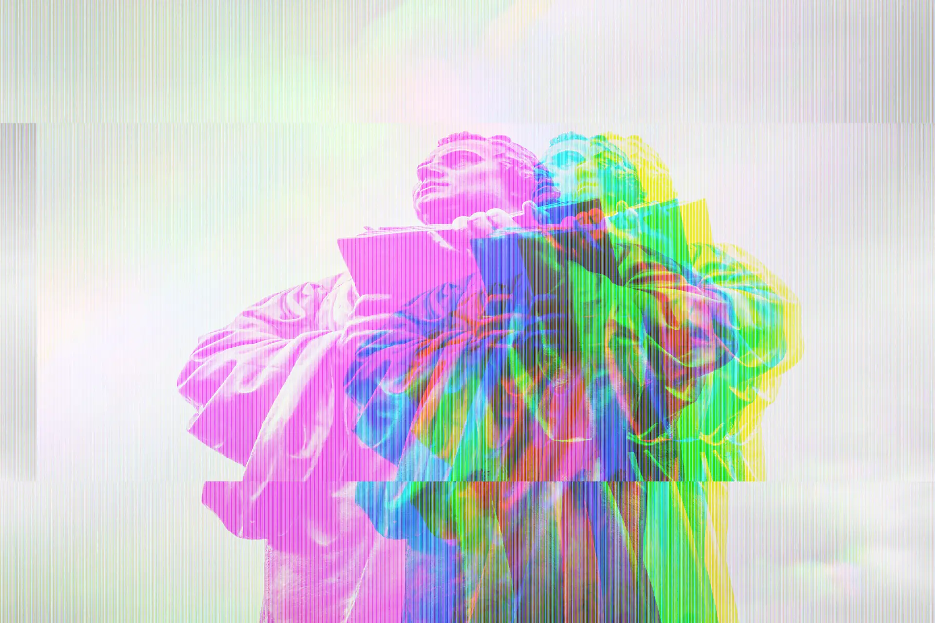 Colorful glitched image of statue of man holding open book