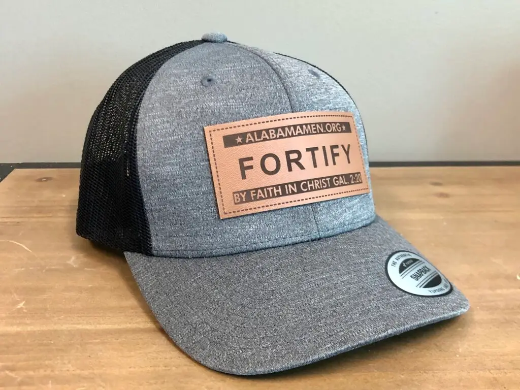 Gray and black hat with brown Fortify patch