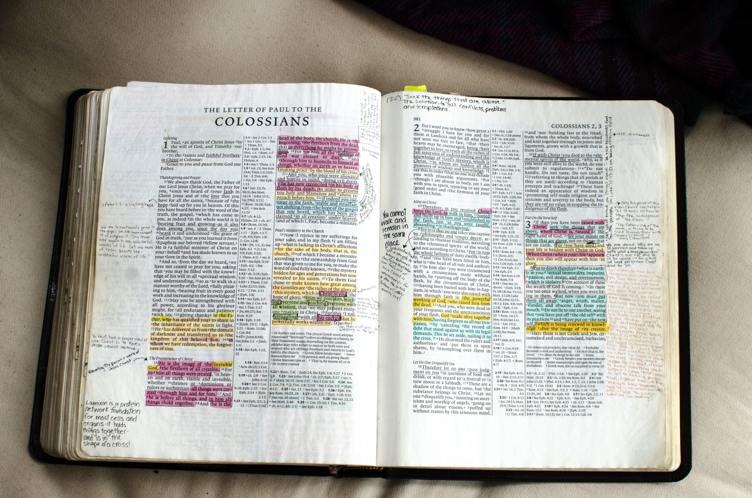 Bible laying open on the book of Colossians with verses highlighted and notes made in the margin.