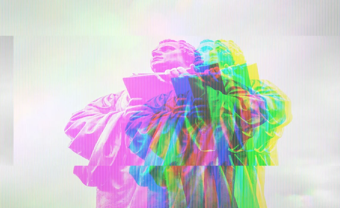 Colorful glitched image of statue of man holding open book